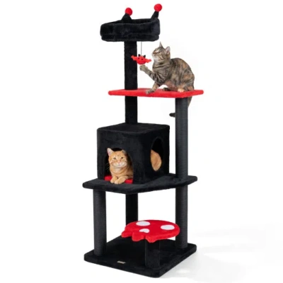 Costway 57" Spooky Cat Tower With Padded Perch And Spider-shaped Hanging Toy-red In Black