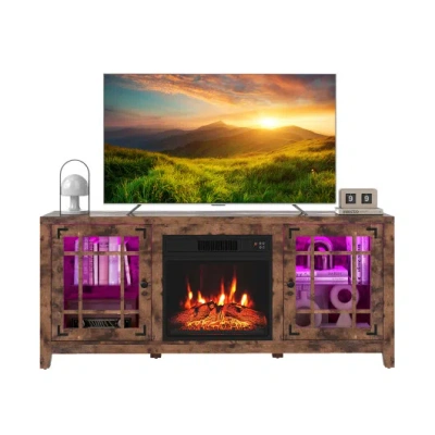 Costway 58" Fireplace Tv Stand With Led Lights And 18" Electric Fireplace-rustic Brown