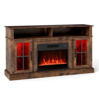 Costway 58 Inch Fireplace Tv Stand With Led Lights With Storage Cabinets And Glass Doors-rustic Brown