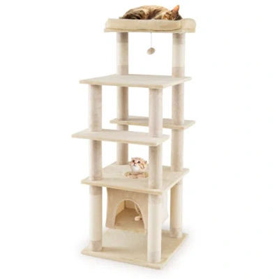 Costway 58 Inch Large Multi-level Cat Tree With Swaying Aerial Condo And Plush Perch Bed-beige In Black