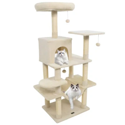 Costway 58" Multi-level Cat Tree Soft Plush Cat Tower With Padded Top Perch-beige In Neutral