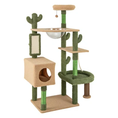 Costway 59 Inch Multilevel Cactus Cat Tree With Scratching Posts Cando Toy And Rope-green In Animal Print