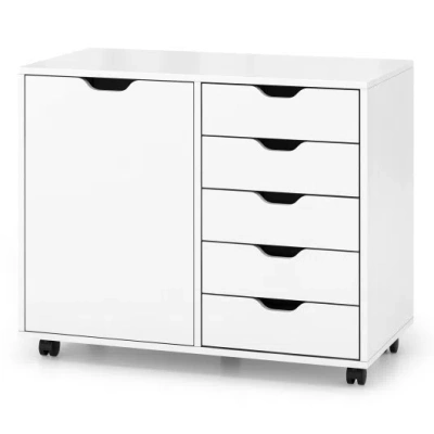 Costway 5-drawer Dresser Chest Mobile Storage Cabinet With Door-white In Gray