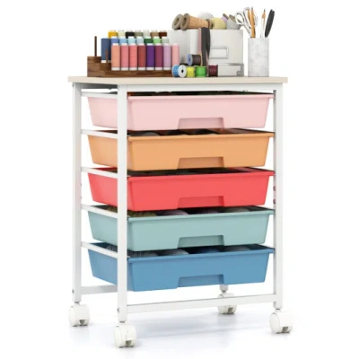 Costway 5-drawer Rolling Cart With Wooden Tabletop And Metal Frame For Craft Room-macaron