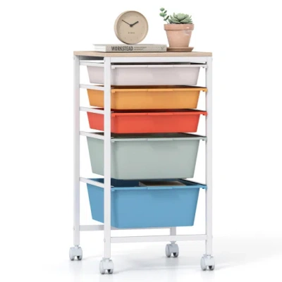 Costway 5-drawer Rolling Storage Cart Mobile Utility Organizer With Wooden Tabletop And Lockable Wheels-maca In Multi