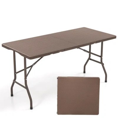 Costway 5ft Folding Picnic Table With Rattan Grain Hdpe Tabletop And Sturdy Metal Fame-coffee In Brown