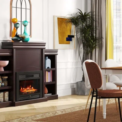 Costway 5-in-1 Complete Dining Room Set: Extendable Table, 4 Chairs, Electric Fireplace, Media Console & Bam In Brown
