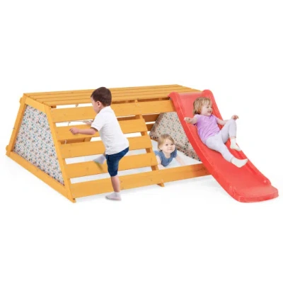 Costway 5-in-1 Jungle Gym Wooden Indoor Playground With Slide Rock Climbing Wall Rope Wall Climber In Yellow