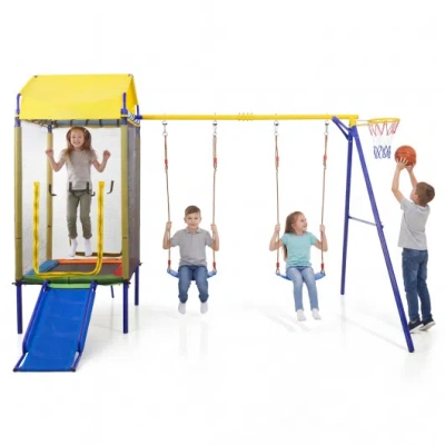 Costway 5-in-1 Kids Swing Set For Backyard With Heavy-duty Metal Swing Stand-yellow In Multi