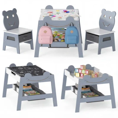 Costway 5-in-1 Toddler Table And 2 Chairs Cute Art Desk Set With Reversible Chalkboard Whiteboard-grey In Multi