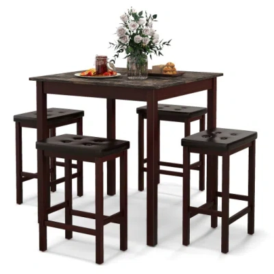 Costway 5-piece Bar Table Set Counter-height Dining Table And 4 Bar Stools-brown In Black