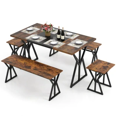 Costway 5-piece Dining Room Set Industrial Rectangular Kitchen Table With 2 Benches And 2 Stools-rustic Brow In Brown