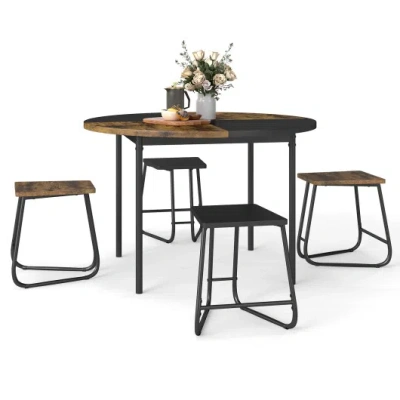 Costway 5-piece Dining Set For 4 47 Inch Round Kitchen Table And 4 Stools-brown