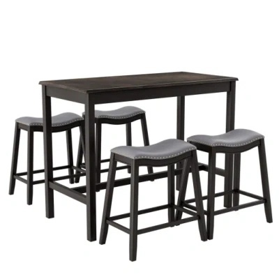 Costway 5-piece Dining Set With 4 Upholstered Stools In Black