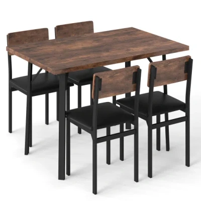 Costway 5-piece Dining Table Set For 4 People Industrial Kitchen Table And 4 Pu Leather Chairs-brown In Black