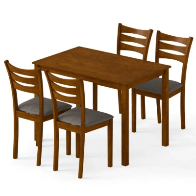 Costway 5-piece Dining Table Set With Linen Fabric Upholstered Chairs And Solid Rubber Wood Frame For 4 Peop In Brown