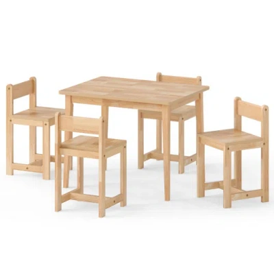 Costway 5-piece Kids Table And Chairs Set Solid Rubber Wood Toddler Activity Table-natural In Brown