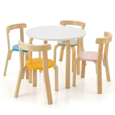 Costway 5-piece Kids Wooden Curved Back Activity Table And Chair Set With Toy Bricks In Multi