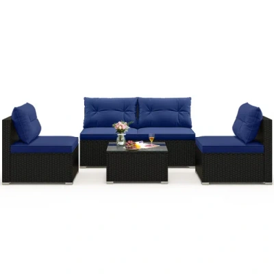 Costway 5-piece Outdoor Patio Furniture Set With Cushions And Coffee Table-navy In Multi