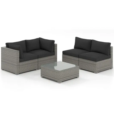 Costway 5-piece Outdoor Patio Sectional Sofa Couch And Glass Coffee Table With Cushions-black In Gray