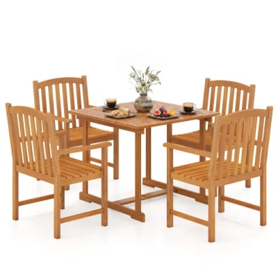Costway 5-piece Outdoor Square Patio Dining Set For 4 With Acacia Table & Armchairs In Brown