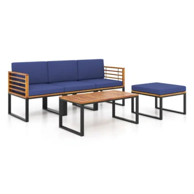 Costway 5-piece Patio Acacia Wood Chair Set With Ottoman And Coffee Table-navy In Multi