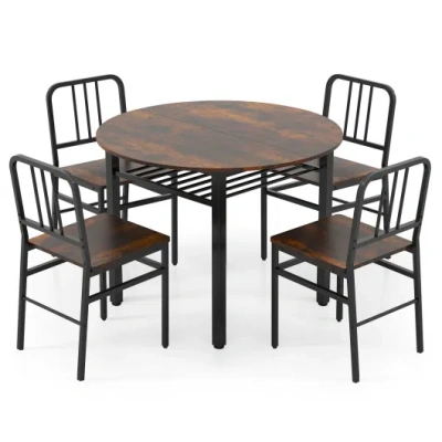 Costway 5-piece Round Dining Table Set With Storage Shelf For Dining Room-rustic Brown