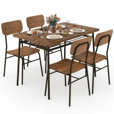 Costway 5-piece Table Set For 4 With Metal Frame And Storage Rack-brown