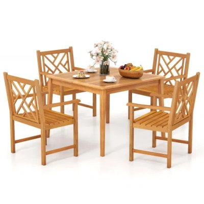 Costway 5-pieces Patio Dining Table Set Wood Square Dining Table With 4 Chairs And Slatted Tabletop In Multi