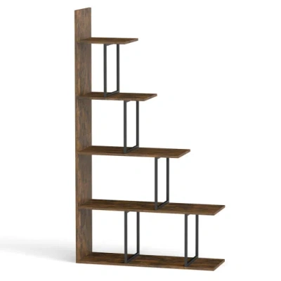 Costway 5-tier 62 Inch Tall Stepped Bookshelf With Heavy Duty Metal Frame-rustic Brown