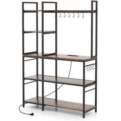 Costway 5-tier Bakers Rack With Power Outlets And 10 S-shaped Hooks-rustic Brown In Black