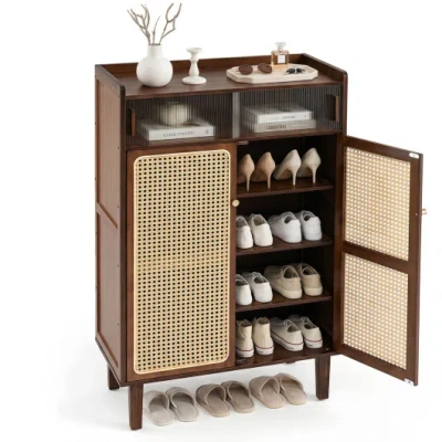 Costway 5-tier Bamboo Shoe Cabinet With Woven Rattan Doors And Sliding Doors For Entryway-walnut In Brown