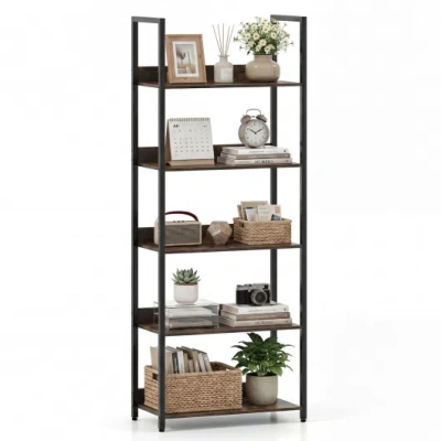 Costway 5-tier Bookshelf Tall Wooden Open Bookcase With Back Panels-rustic Brown In Black