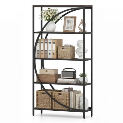 Costway 5-tier Bookshelf With Half-moon Shape For Living Room And Home Office-rustic Brown In Multi