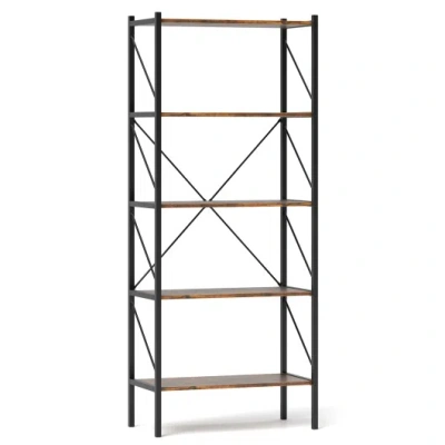 Costway 5-tier Bookshelf With Open Shelves And Heavy Duty Metal Frame-rustic Brown In Black