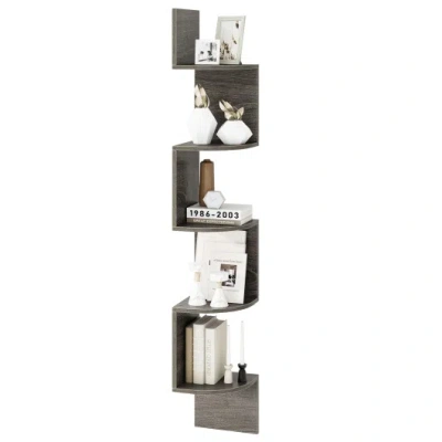 Costway 5-tier Corner Shelf Floating Bookshelf Wall Mounted Storage Organizer-oak In Gray