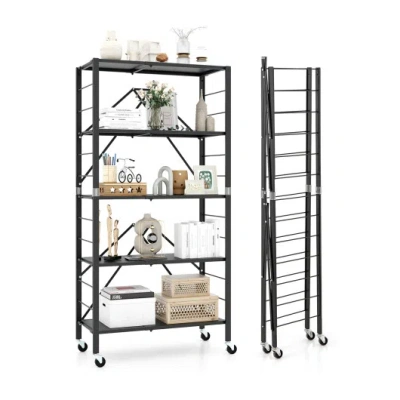 Costway 5-tier Foldable Storage Shelf With Wheels-black In Animal Print