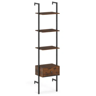 Costway 5-tier Ladder Bookcase With Drawer And Metal Frame For Study Home Office-rustic Brown In Multi