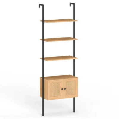 Costway 5-tier Ladder Bookcase With Rattan Cabinet And Metal Frame-natural In Brown