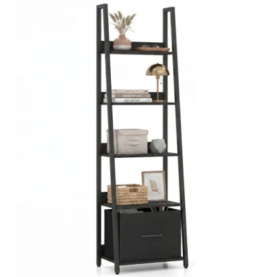 Costway 5-tier Ladder Bookshelf With Fabric Drawer For Living Room And Home Office-black