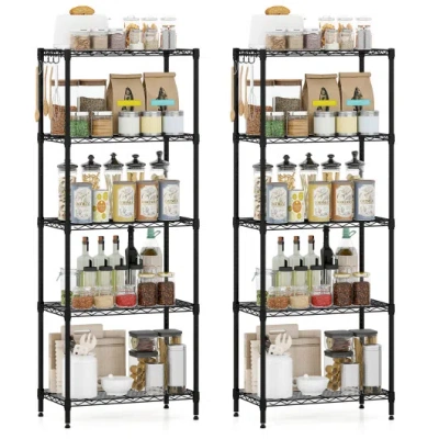 Costway 5-tier Metal Storage Shelving Unit Set Of 2 With V-shaped Wire Rack-black In Multi