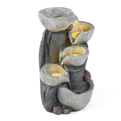 Costway 5-tier Outdoor Water Fountain With Led Lights 17.5 Inch H For Patio Deck In Gray