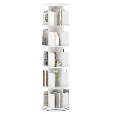 Costway 5-tier Rotating Bookshelf 360° Display Rack With Dividers And Anti-falling Baffles-white In Gray