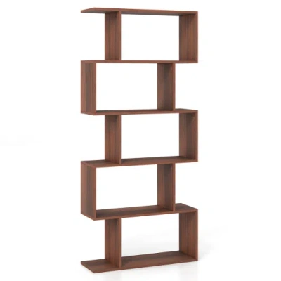 Costway 5-tier S-shaped Bookshelf With Anti-tip Kit For Living Room Home Office-walnut In Multi