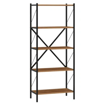 Costway 5-tier Tall Bookshelf Industrial Bookcase With Heavy-duty Metal Frame Modern Storage-walnut In Brown