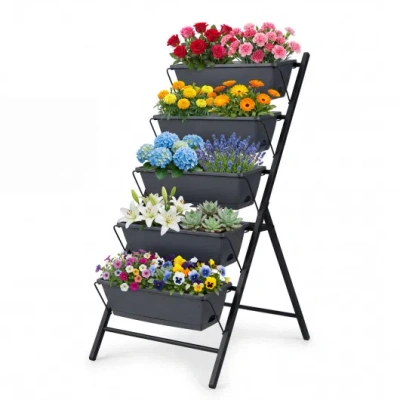 Costway 5-tier Vertical Raised Garden Bed With Drainage System And Removable Trays For Vegetables-black In Animal Print