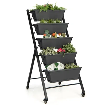 Costway 5-tier Vertical Raised Garden Bed With Wheels And Container Boxes In Black