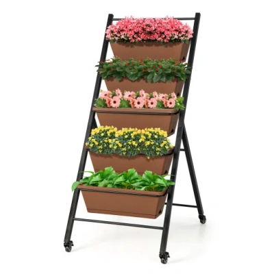Costway 5-tier Vertical Raised Garden Bed With Wheels And Container Boxes-brown In Black