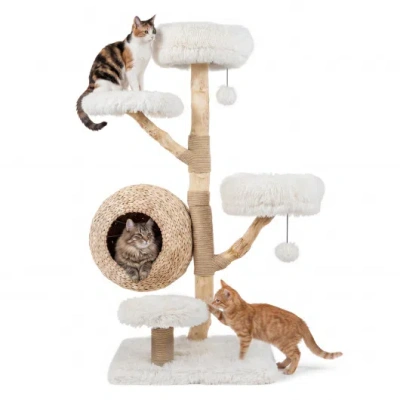 Costway 5-tier Wooden Cat Tree With Woven Condo Plush Perches Jute Posts & Balls-white In Multi