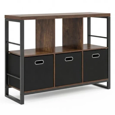 Costway 6 Cube Industrial Short Bookshelf With 3 Bins & Metal Frame And Open Shelves For Indoor-rustic Brown In Black